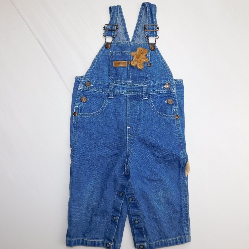 Baby Gund 12 months Blue Denim Jean Brown Teddy bear overalls 12M Carpenter